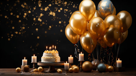 A festive scene with golden balloons, a decorated birthday cake with lit candles, and decorative orbs on a wooden surface against a dark, bokeh background.の素材