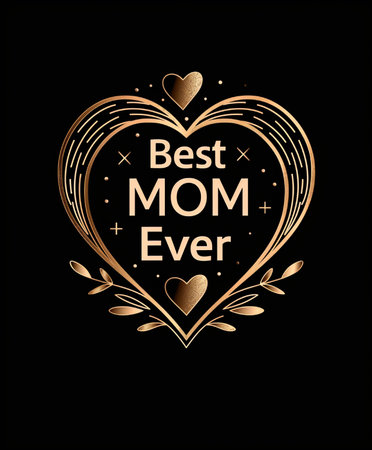 Elegant golden heart with 'Best Mom Ever' inscription and decorative floral elements on a black backdrop. Perfect for Mother's Day designs.の素材