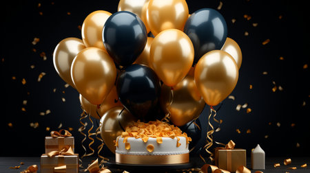 Festive arrangement featuring gold and black balloons, a decorated cake, and gift boxes, perfect for celebrations and party themes.の素材