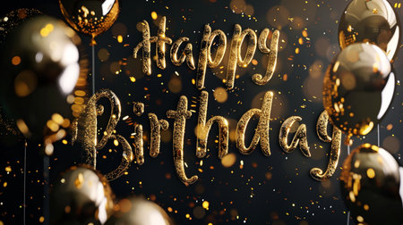 Luxurious 'Happy Birthday' message in golden glitter font, surrounded by black balloons and sparkling confetti on a dark background.の素材