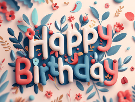A festive and cheerful "Happy Birthday" message surrounded by vibrant floral elements and playful birds, perfect for greeting cards.の素材