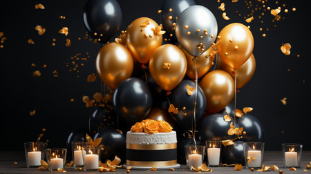 A festive celebration scene featuring a cake, candles, and balloons in black, gold, and silver, with confetti, perfect for luxury events.の素材