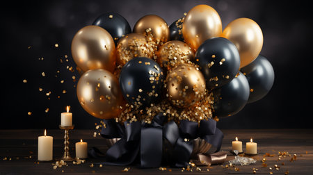 Elegant arrangement of black and gold balloons, scattered confetti, and lit candles, perfect for festive occasions.の素材