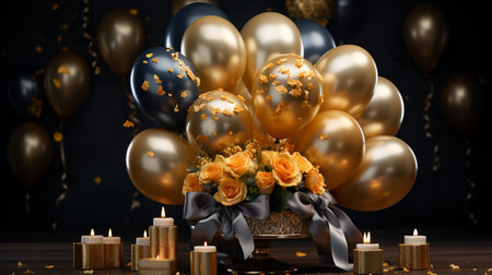Elegant arrangement of golden and black balloons, vibrant roses, and glowing candles, perfect for a festive and sophisticated celebration.の素材