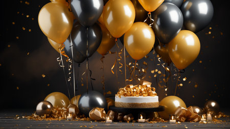 Festive arrangement with gold and black balloons, a celebratory cake, candles, and confetti on a wooden surface, creating a luxurious party atmosphere.の素材