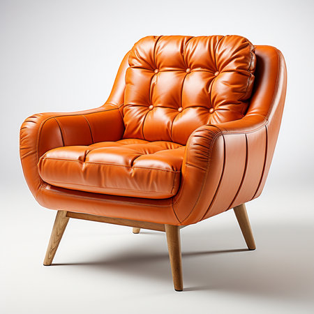 A stylish, modern armchair upholstered in rich orange leather with elegant tufted detailing and sturdy wooden legs, perfect for contemporary living spaces.の素材