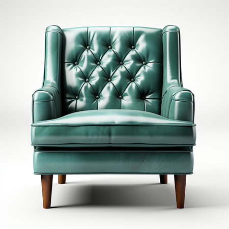 A luxurious teal tufted leather wingback armchair with elegant wooden legs is showcased in a clean studio setting.の素材