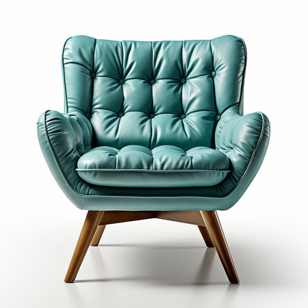A plush teal tufted armchair featuring mid-century modern wooden legs, offering a stylish and comfortable accent piece for modern homes.の素材