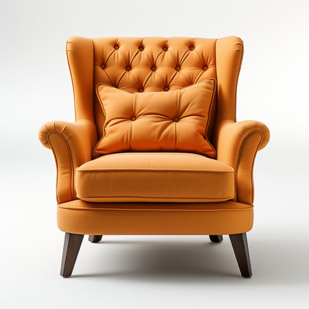 A plush orange tufted wingback armchair with a decorative pillow, set against a clean white studio backdrop.の素材