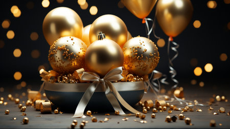 Elegant composition of golden Christmas ornaments, balloons, and festive ribbons against a dark background with soft bokeh lights.の素材