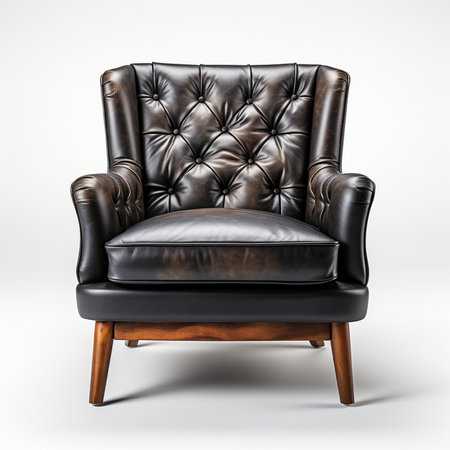 A classic, tufted leather wingback armchair with elegant wooden legs, showcasing fine craftsmanship and timeless design.の素材