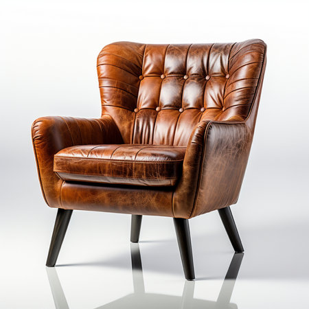 A stylish, distressed brown leather armchair with deep tufting and dark wooden legs, set against a clean white backdrop.の素材