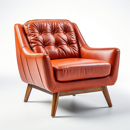 A stylish mid century modern armchair featuring a tufted orange leather seat and back, supported by elegant wooden legs. Studio shot on a white background.の素材