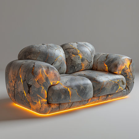 A contemporary sofa design resembling cracked lava rock with a vibrant, glowing orange light base.の素材