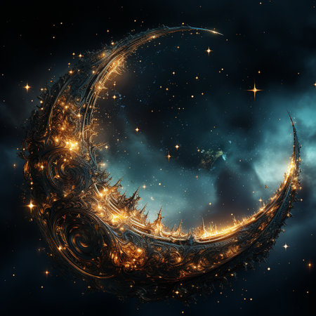 A highly detailed, ornate crescent moon illuminated by golden lights and surrounded by stars and cosmic clouds.の素材