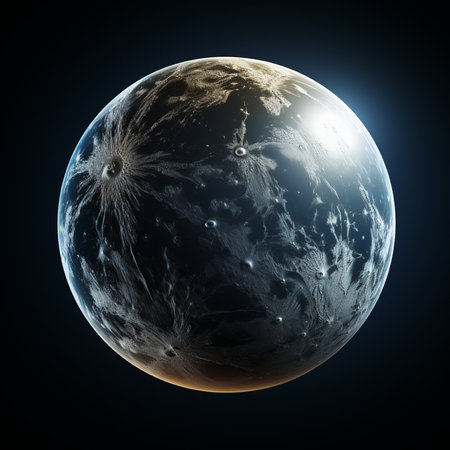 A detailed view of a dark, rocky alien planet's surface, featuring impact craters, rugged terrain, and dramatic lighting.の素材