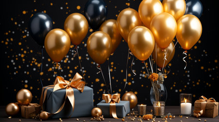 Black and gold balloons, gift boxes and candles on black background. 3D renderingの素材