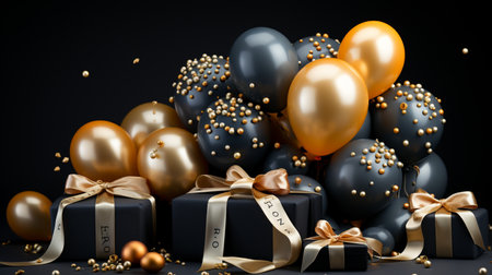 Black and golden balloons and gift boxes on black background. 3D renderingの素材