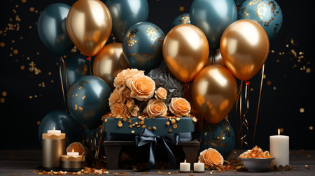 Festive composition with balloons, gift box and candles on black backgroundの素材