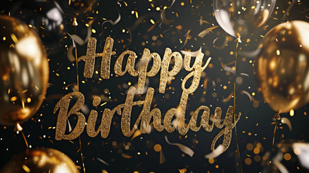 Happy Birthday lettering with gold balloons and confetti on black background. 3D Renderingの素材