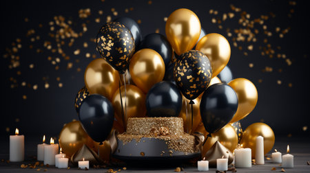 Black and gold balloons with cake, candles and confetti. 3d renderingの素材