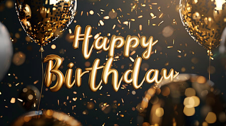 Happy Birthday typography with golden balloons, confetti and ribbonsの素材