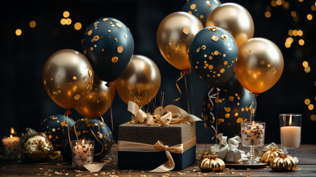 Birthday presents with golden and blue balloons and candles on dark backgroundの素材