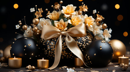 Black and gold easter eggs decorated with beautiful flowers and candles.の素材