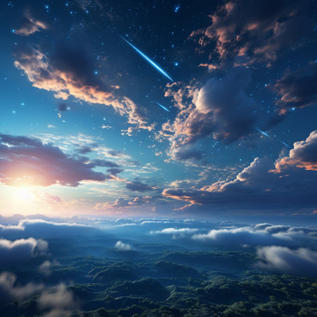 A breathtaking scene of a meteor shower streaking across a starry night sky above a vast expanse of rolling green mountains.の素材