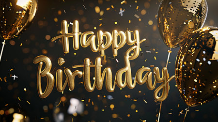 Happy Birthday lettering with gold balloons and confetti. 3D Renderingの素材