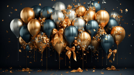 Black and golden balloons with ribbons and confetti. 3d renderingの素材
