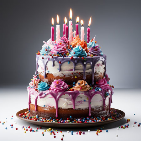 Birthday cake with candles and colorful sprinkles on a gray backgroundの素材