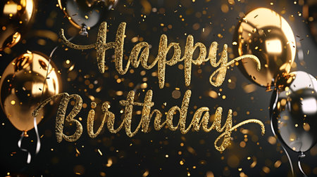Happy Birthday gold lettering with golden balloons on black background. 3D illustrationの素材