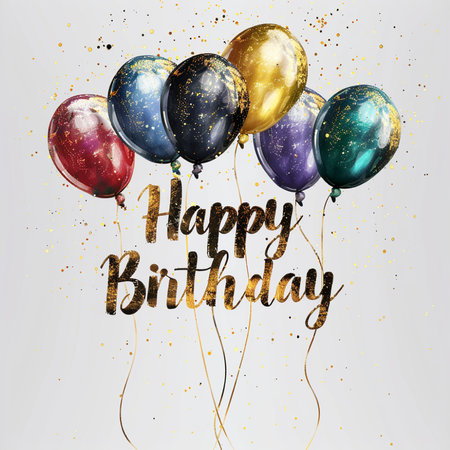 Happy Birthday greeting card with golden confetti and balloons. Vector illustration.の素材