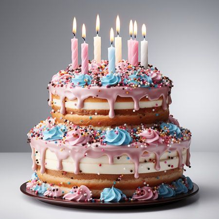 Birthday cake with burning candles on a gray background. 3d renderingの素材
