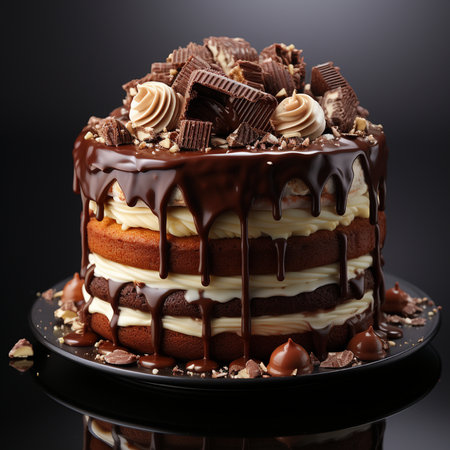 Chocolate cake with chocolate glaze and nuts on a black backgroundの素材