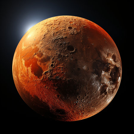 3D illustration of the planet Mars with the moon in the backgroundの素材