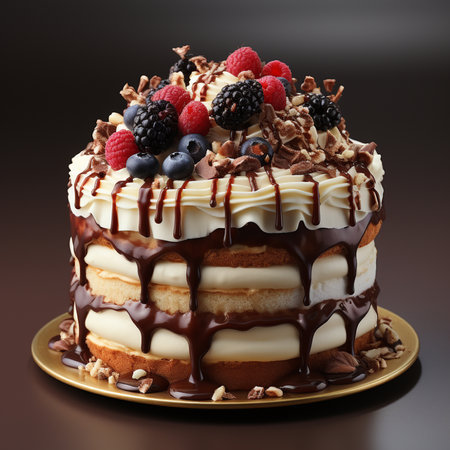 cake with chocolate and berries on a dark background. close-upの素材