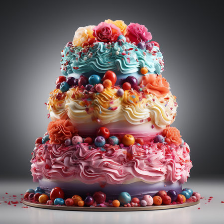 Colorful birthday cake with cream and berries on a gray background.の素材