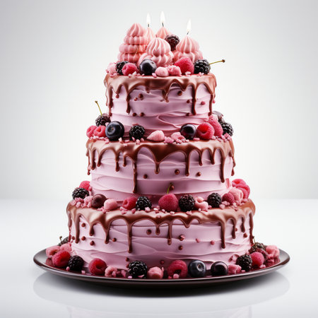 Birthday cake with berries and cream on a white background. Toned.の素材