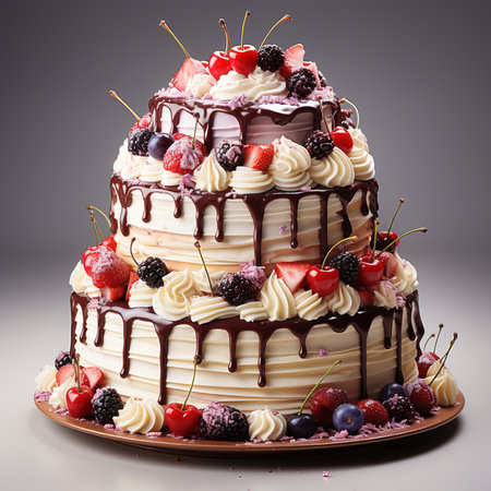 Chocolate cake with berries and cream on a gray background. Toned.の素材
