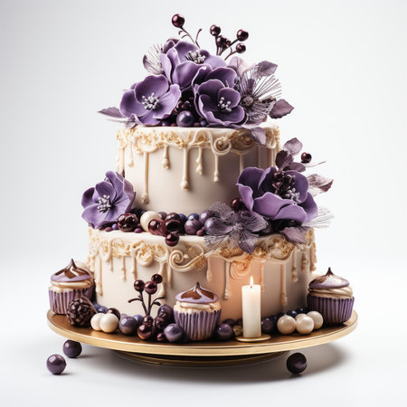Wedding cake decorated with purple flowers and candles on white backgroundの素材