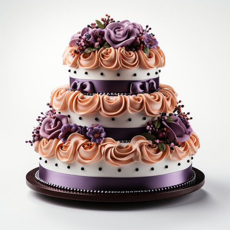 Beautiful three-tiered cake decorated with flowers on a white backgroundの素材