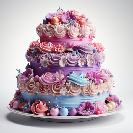 Three-tiered cake decorated with flowers and candies on a white backgroundの素材