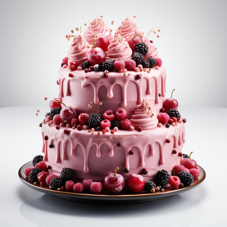Fruit cake with berries on a white background. 3d renderingの素材