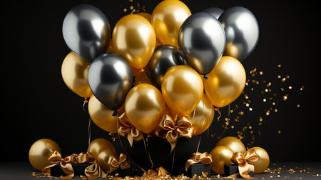 Elegant arrangement of gold and silver balloons, gift boxes with satin bows, and scattered golden confetti on a black background.の素材