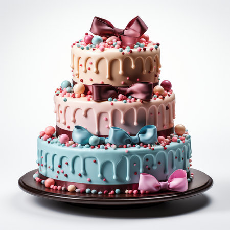 Wedding cake with pink, blue and white icing on a plateの素材