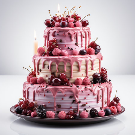 Birthday cake with berries and candles on a white background. Toned.の素材