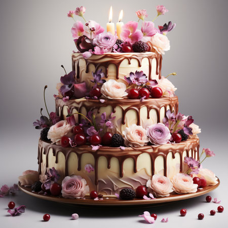 Wedding cake decorated with flowers and berries on a gray backgroundの素材