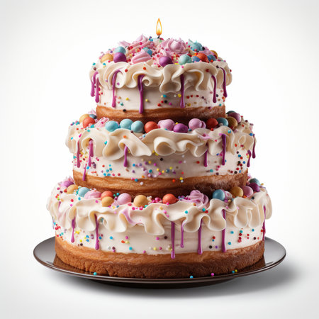 Birthday cake with candle and candies isolated on a white backgroundの素材